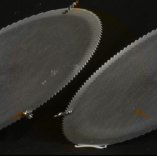 KENSINGTON AZTEC FOOTED PLATTE: KENSINGTON AZTEC FOOTED PLATTER. Art Deco aluminum and brass Kensington Ware Aztec Footed Platter, designed by Lurelle Guild in 1938. Late mark. Stag head, shield and script mark. Size: 16''Diam. Cond