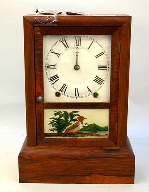 SETH THOMAS MANTEL CLOCK. N/R. Seth Tho: SETH THOMAS MANTEL CLOCK. N/R. Seth Thomas Mantel clock, key wind pendulum, hour strike. Reverse painted bird on glass door. Size: 14 1/2"H, 10"W, 4 1/4"D. Condition: veneer missing from part of door,