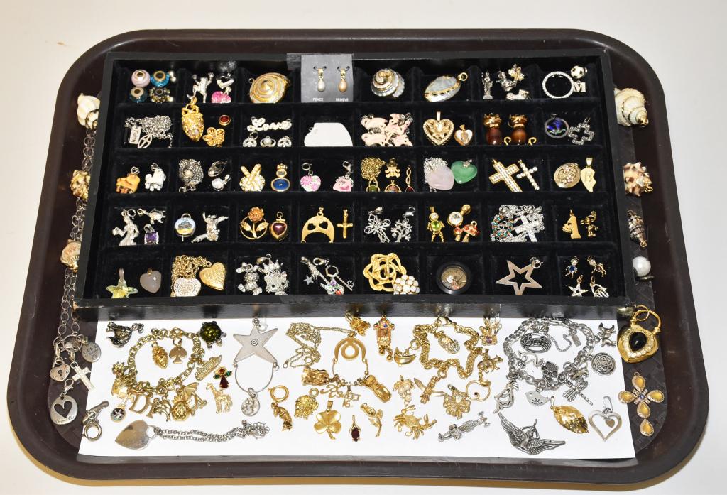 75+ MISCELLANEOUS VARIETY OF CHARMS, PENDANTS: 75+ MISCELLANEOUS VARIETY OF CHARMS, PENDANTS, BRACELETS AND NECKLACES. With shell, crystal, enamel. Designers include: Coro, Monet, origami owl and brass Mickey Mouse pendant.