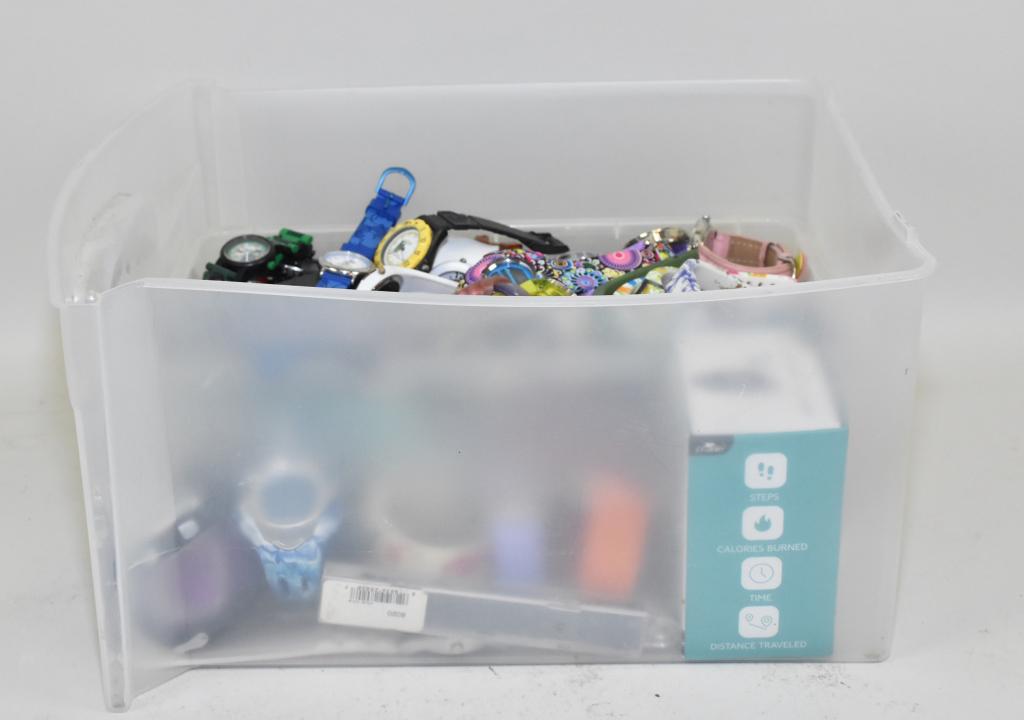 BIN OF MISCELLANEOUS WRISTWATCHES. To include: BIN OF MISCELLANEOUS WRISTWATCHES. To include a variety of plastic band sports, activity trackers and assorted digital watches. Weight: 8 lbs. 10 oz.