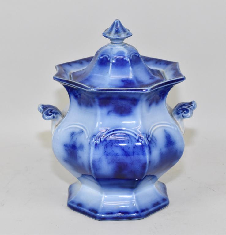 SCINDE FLOW BLUE PAGODA LIDDED SUGAR BOWL: SCINDE FLOW BLUE PAGODA LIDDED SUGAR BOWL – 8” high.
