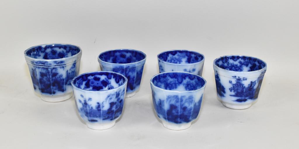 SCINDE FLOW BLUE HANDLELESS CUPS – Six assorted: SCINDE FLOW BLUE HANDLELESS CUPS – Six assorted, non matching pieces. Unmarked but Scinde pattern.