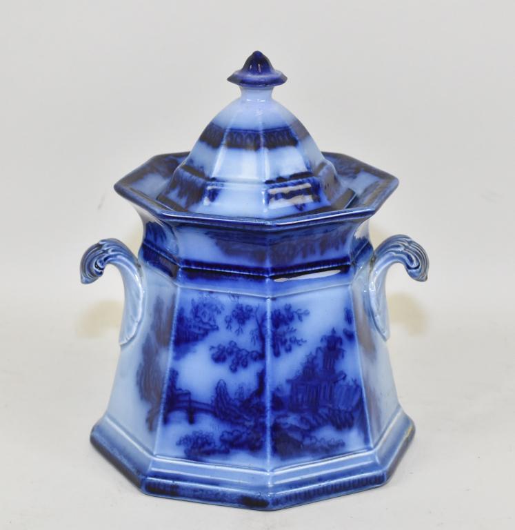 FLOW BLUE SUGAR BOWL – CHAPOO pattern. Oriental: FLOW BLUE SUGAR BOWL – CHAPOO pattern. Oriental scene. Ca. 1840. exc. condition. 8” high.