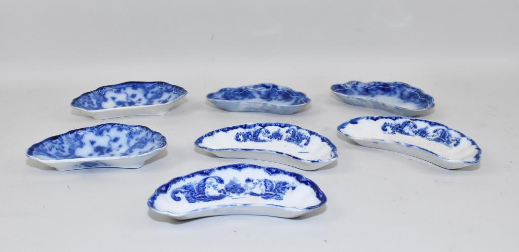 FLOW BLUE 19th CENTURY BONE DISHES – Eleven.: FLOW BLUE 19th CENTURY BONE DISHES – Seven. Three assorted patterns.