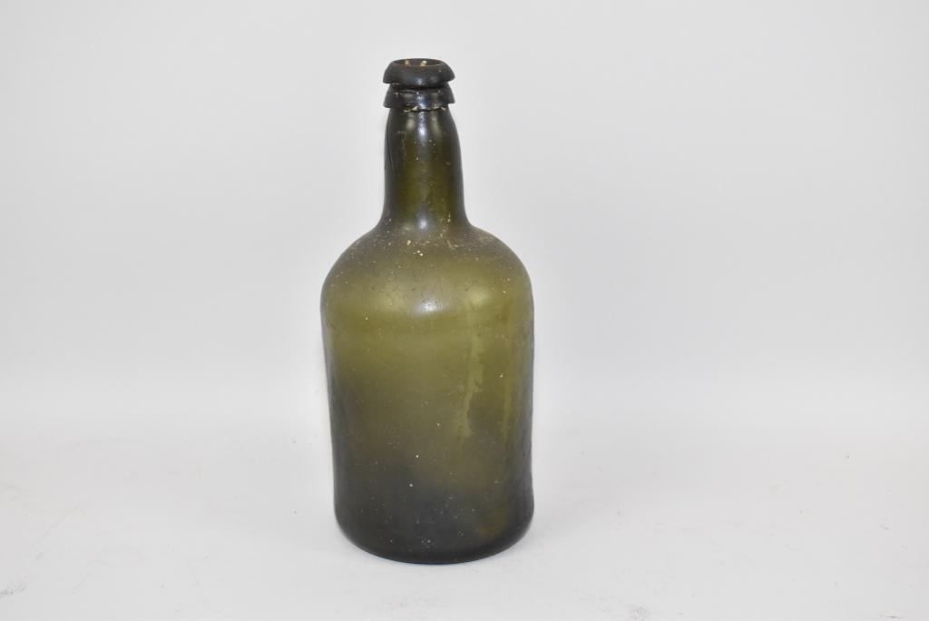 EARLY BLOWN WINE BOTTLE – Kicked up bottom, dark: EARLY BLOWN WINE BOTTLE – Kicked up bottom, dark olive/amber, frosted unmarked surface, applied lip.