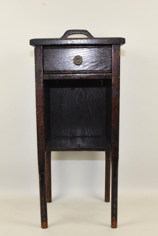 SMOKING STAND – Diminutive stand with single: SMOKING STAND – Diminutive stand with single drawer above an open cabinet base, upon round turned legs. Mixed woods.