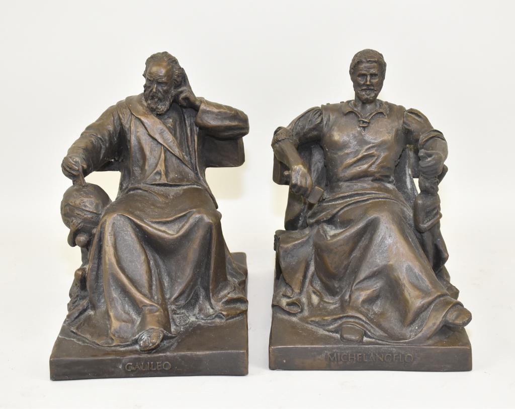 BOOKENDS – Pair. Bronze plated. Heroic seated: BOOKENDS – Pair. Resin Casted. Heroic seated figures of Galileo and Michelangelo. Commemoratives of the Centennial Celebration of The Carnegie: 1895 – 1995. Signed. 7” h.