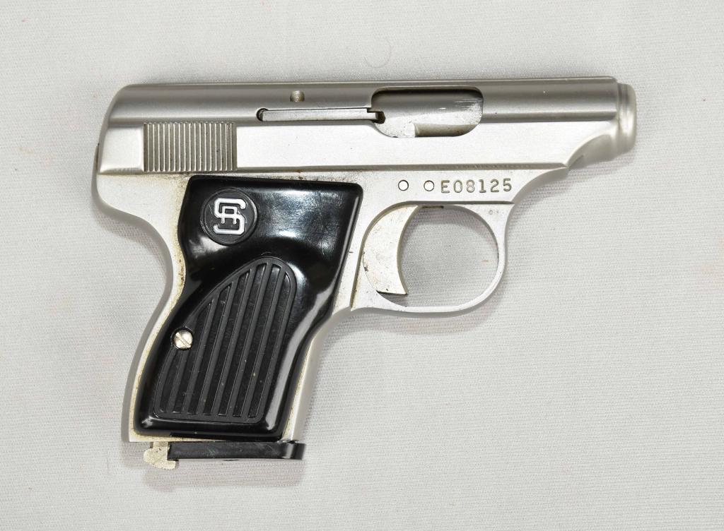 STERLING VEST POCKET AUTO PISTOL - Cal. 22rf. Stai: STERLING VEST POCKET AUTO PISTOL - Cal. 22rf. Stainless steel. Serial #E08125. Ships to your local FFL. Local pickup can be arranged.