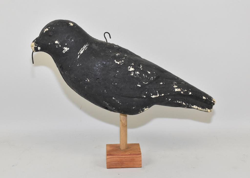 PAPER MACHE CROW DECOY – Damage to beak, mounted: PAPER MACHE CROW DECOY – Damage to beak, mounted on modern stand.