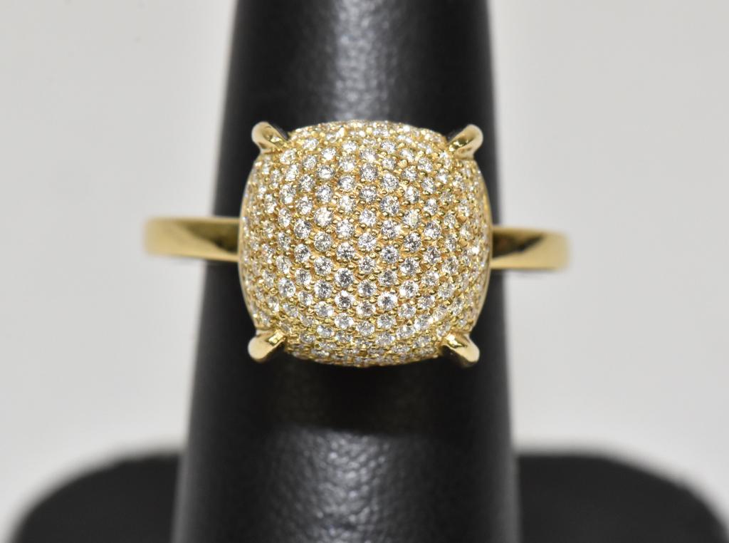 18 K. YELLOW GOLD TIFFANY & CO. PALOMA PICASSO: 18 K. YELLOW GOLD TIFFANY & CO. PALOMA PICASSO "SUGAR STACK" DIAMOND PAVE RING. (carat weight .49). Mark: 750 – Italy. Weight: 9.83g. Size:8.