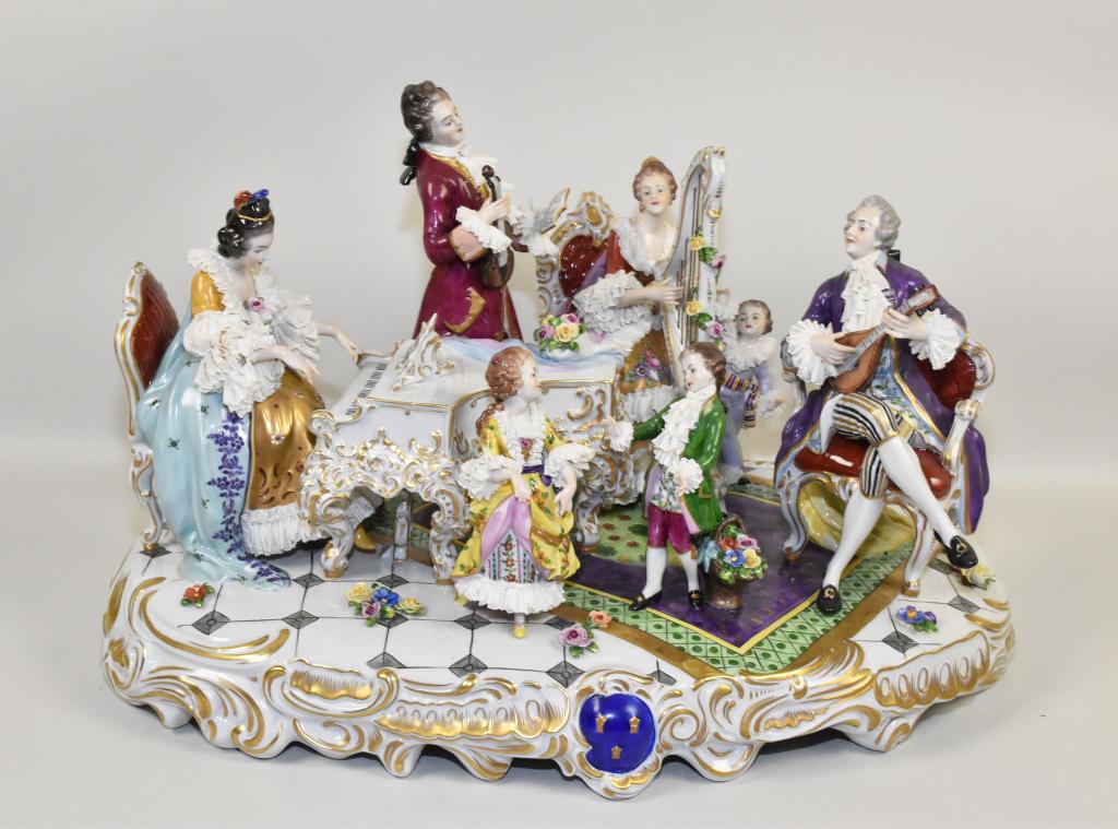 VINTAGE "DRESDEN LACE" CHINA SPRAY PLATEAU: VINTAGE "DRESDEN LACE" CHINA SPRAY PLATEAU: Marked. Depiction of (7) 18th century figures playing musical instruments. (Piano, harp & mandolin) very minor chips on one figure. 21" long x 15" wide x 12