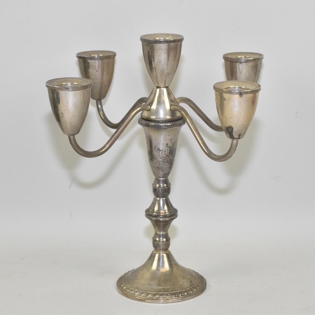 ANTIQUE FIVE LIGHT WEIGHTED STERLING SILVER .: ANTIQUE FIVE LIGHT WEIGHTED STERLING SILVER CANDELABRA. Duchin Creation, 10" H.
