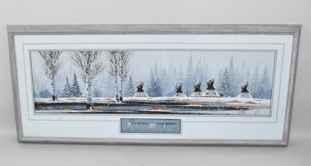 ROGER FLYTHE – American (b. 1942) Acrylic on: ROGER FLYTHE – American (b. 1942) Acrylic on panel. A winter scene of five Indian teepees in a quiet snowy landscape with some white birch trees in the left foreground. Signed LL: Roger Flythe. Imag