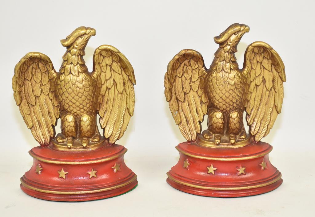 PAIR OF VINTAGE SEXTON CAST-IRON EAGLE BOOKENDS: PAIR OF VINTAGE SEXTON CAST-IRON EAGLE BOOKENDS, CIRCA 1940S. With gold gilt and red paint, Sexton USA. 8" H x 5.75" W.