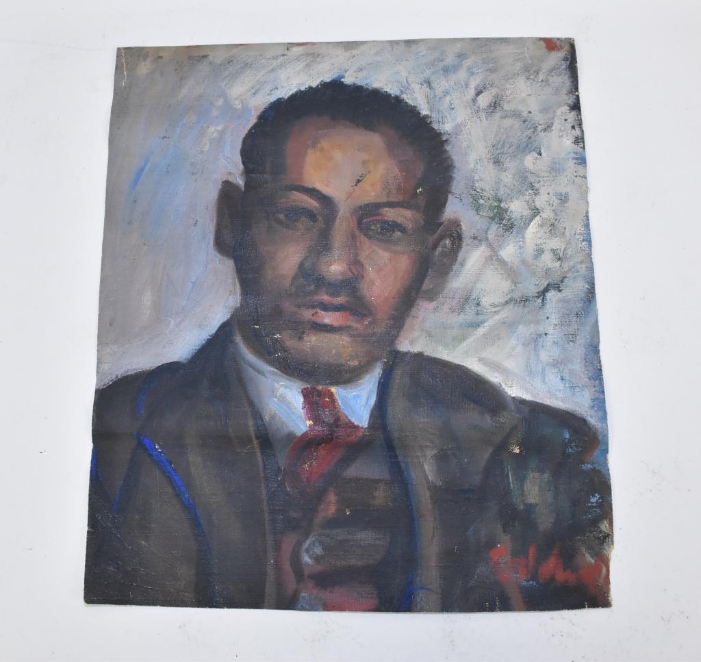 WILLIAM CALDWELL DOUBLE-SIDED PAINTING ON CANVAS: WILLIAM CALDWELL DOUBLE-SIDED PAINTING ON CANVAS. Portrait of a man, with cityscape to other side. Signed Caldwell. Measures: 19" H x 16" W.