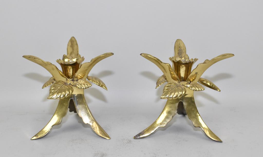 PAIR OF BRASS CANDELABRAS. 6.75" H X 6.25" W.: PAIR OF BRASS CANDELABRAS. 6.75" H X 6.25" W.