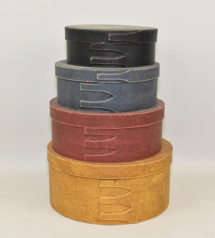 PAPERBOARD PANTRY BOXES – Four Graduated sizes,: PAPERBOARD PANTRY BOXES – Four Graduated sizes, largest 10” diam. 14” total height. Four various colors.