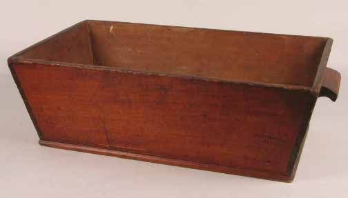 OLD DOUGH BOX: OLD DOUGH BOX. Old wooden dough box with side handles, canted sides. No mark. Size: 24''L, 13 1/2''W, 7 1/2''H. Condition: age appropriate wear.