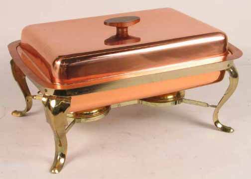 COPPER AND BRASS BUFFET SERVER: COPPER & BRASS BUFFET SERVER. Copper server has brass feet with double fuel wells. copper lid with a wood knob. Pyrex glass insert. Unmarked. Measures: 6.5'' h., 17'' l., 11'' w. Condition: discolored
