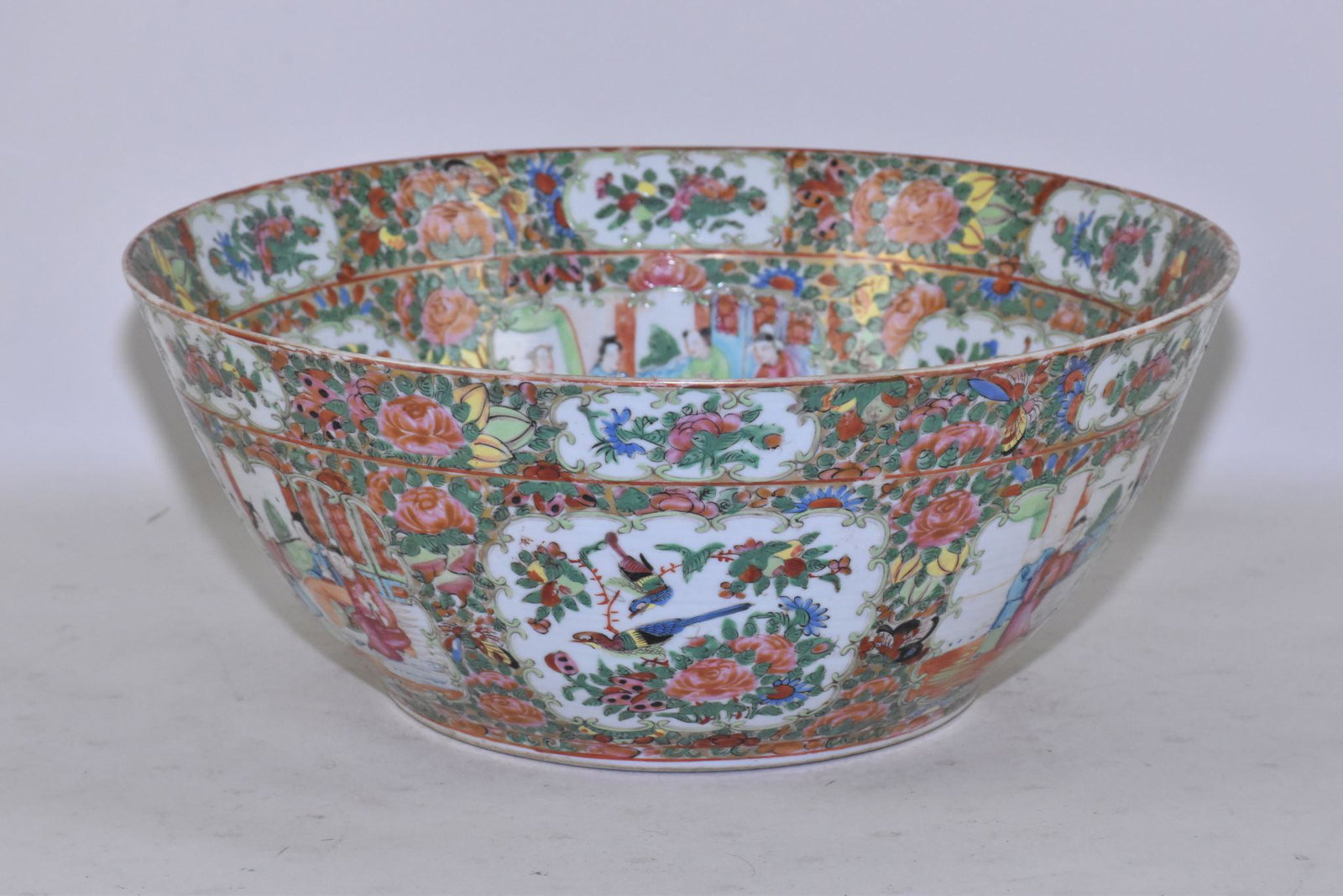 CHINESE EXPORT ROSE MEDALLION PUNCH BOWL: CHINESE EXPORT ROSE MEDALLION PUNCH BOWL - 13" diameter; 5.5" deep. Ever so slight insignificant wear to the red colored rim. 19th century.