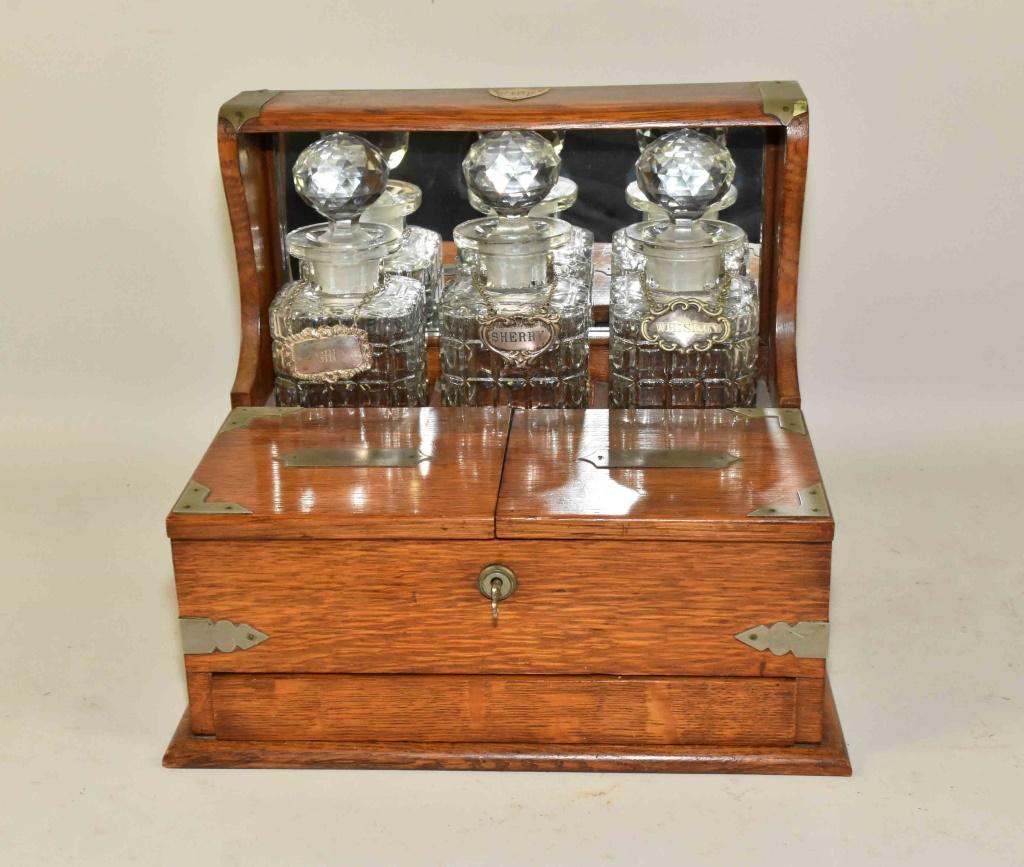 ENGLISH VICTORIAN OAK THREE DECANTER TANTALUS: 187 (1 of 10)