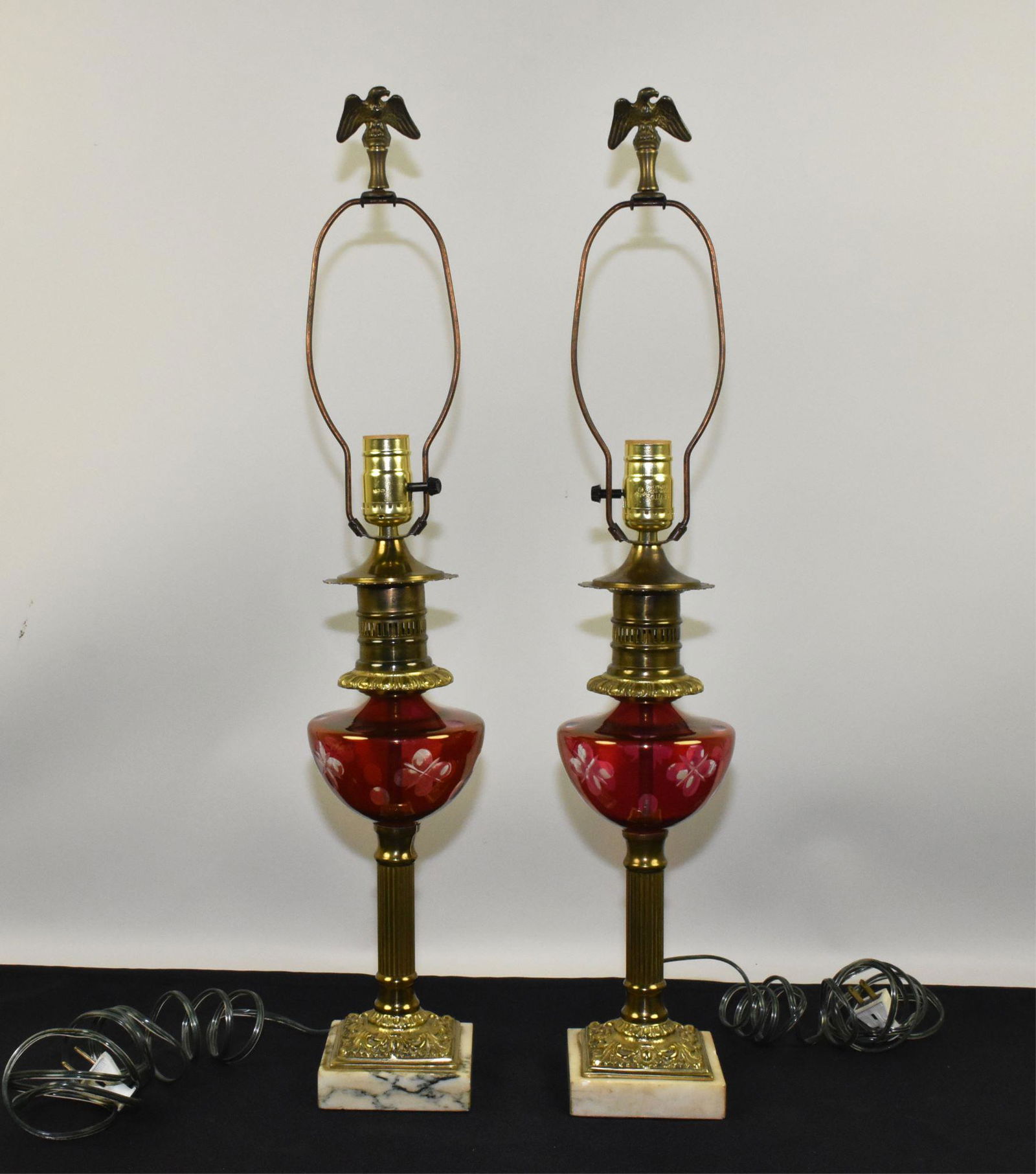 TABLE LAMPS - Pair. Cranberry bowl shaped font (1 of 5)