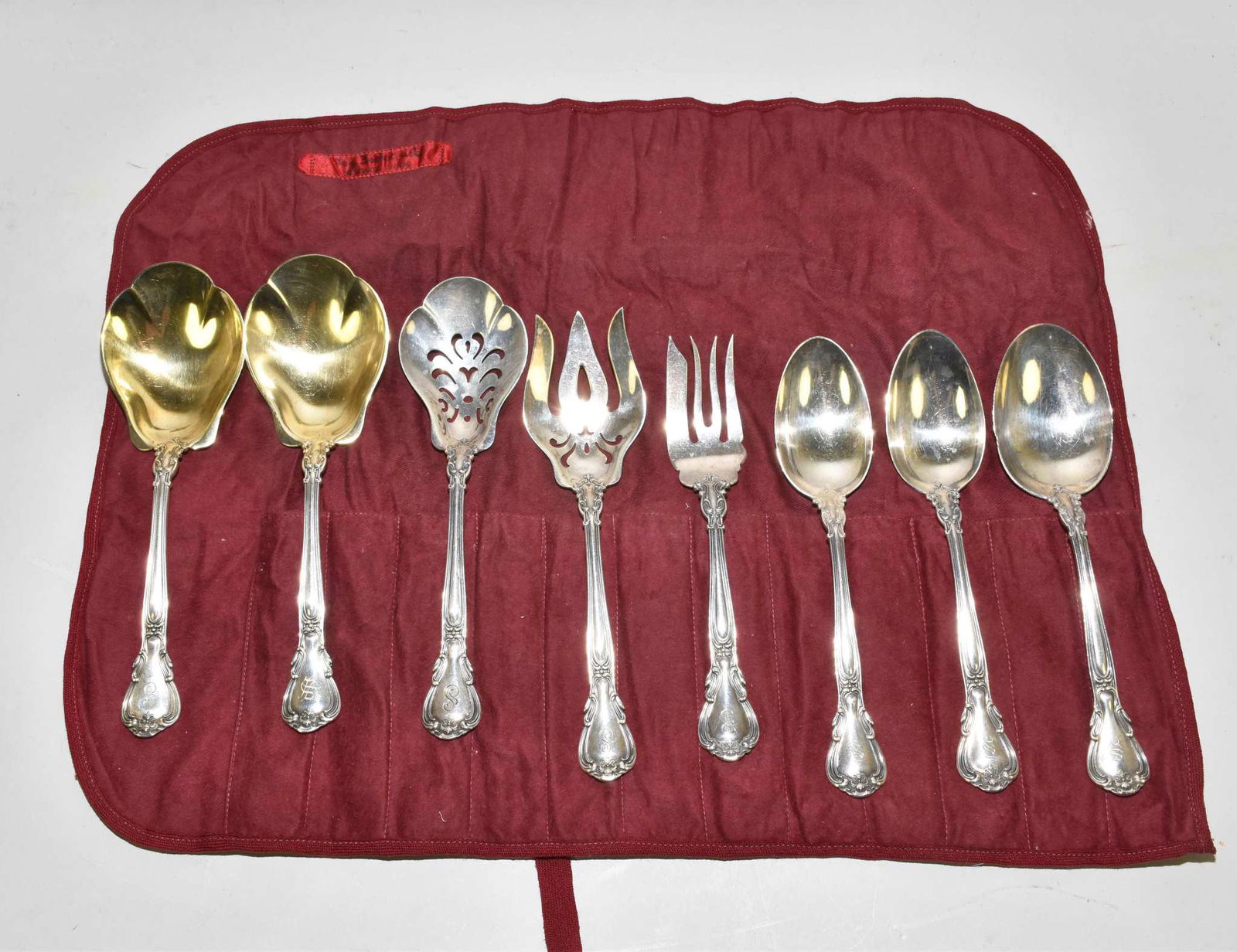 GORHAM "CHANTILLY" STERLING SIL VER LARGE SERVING: GORHAM "CHANTILLY" STERLING SIL VER LARGE SERVING PIECES - Eight pieces: ie. Two large gold wash serving spoons, two vegetable serving spoons, two forks (cold meat and desert), one slotted spoon, one