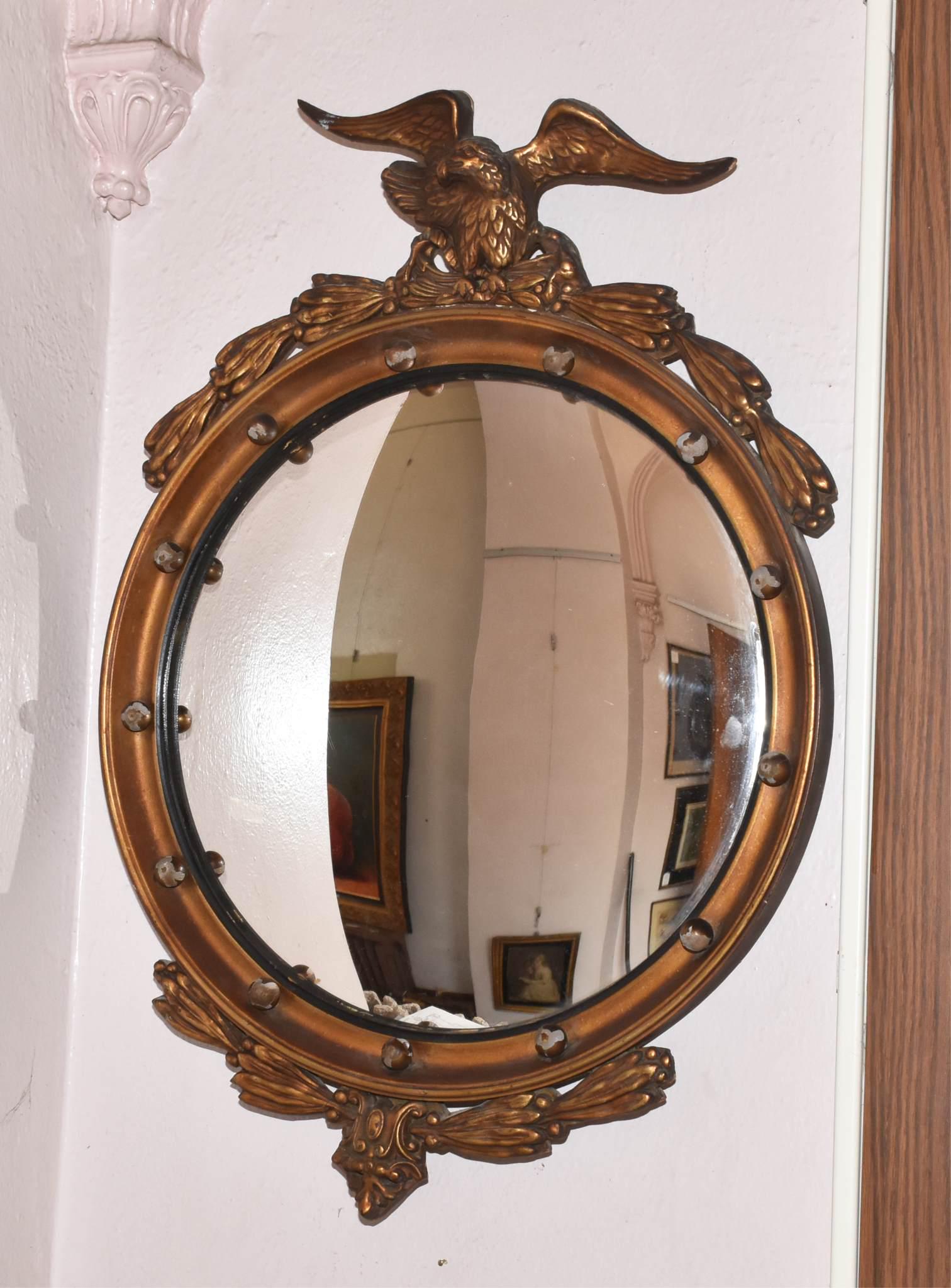 ANTIQUE ROUND BULLSEYE GILD WOOD EAGLE MIRROR (1 of 5)
