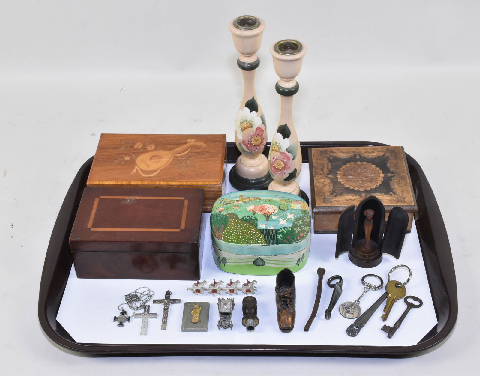 FOUR BOXES - Inlaid music box, mahogany dresser (1 of 10)