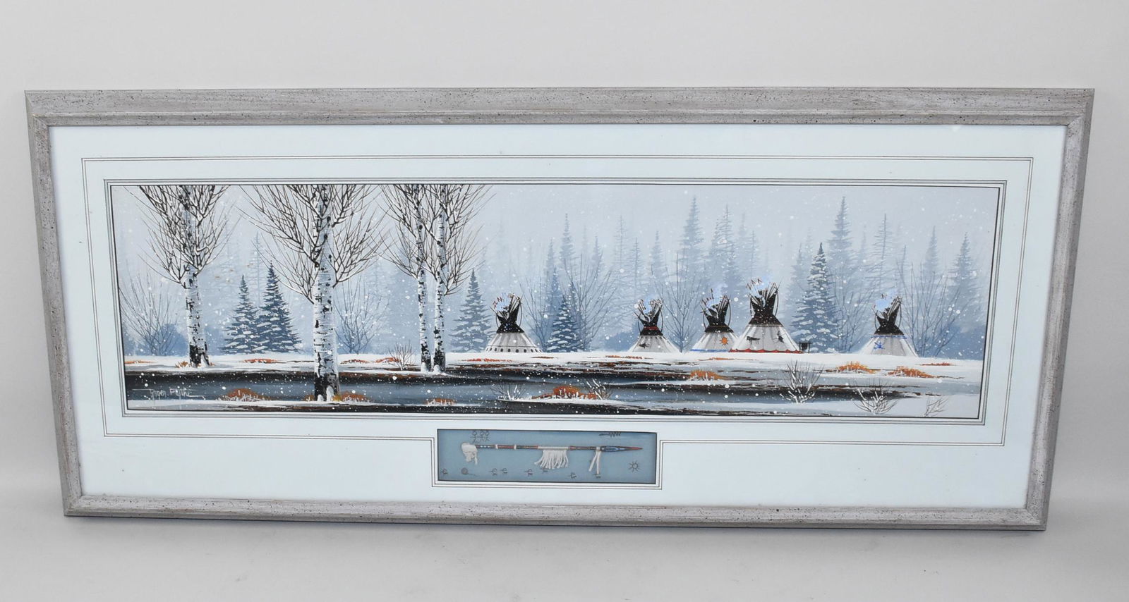 ROGER FLYTHE -American (b. 1942) Acrylic on: ROGER FLYTHE - American (b. 1942) Acrylic on panel. A winter scene of five Indian teepees in a quiet snowy landscape with some white birch trees in the left foreground. Signed LL: Roger Flythe. Image: