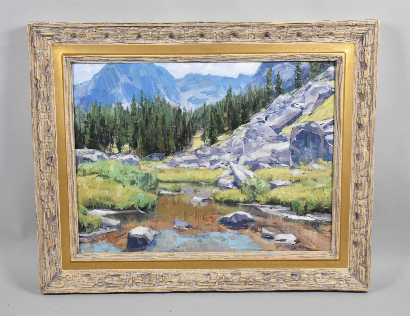 JOE WAYNE (AMERICAN/MT, b. 1970) - "Spanish Peaks: JOE WAYNE (AMERICAN/MT, b. 1970) - "Spanish Peaks in Summer"; Oil on canvas; Signed lower right "Joe Wayne", verso "Spanish Peaks in Summer, Joe Wayne"; Set in rustic wood frame; Measures: Visible Art