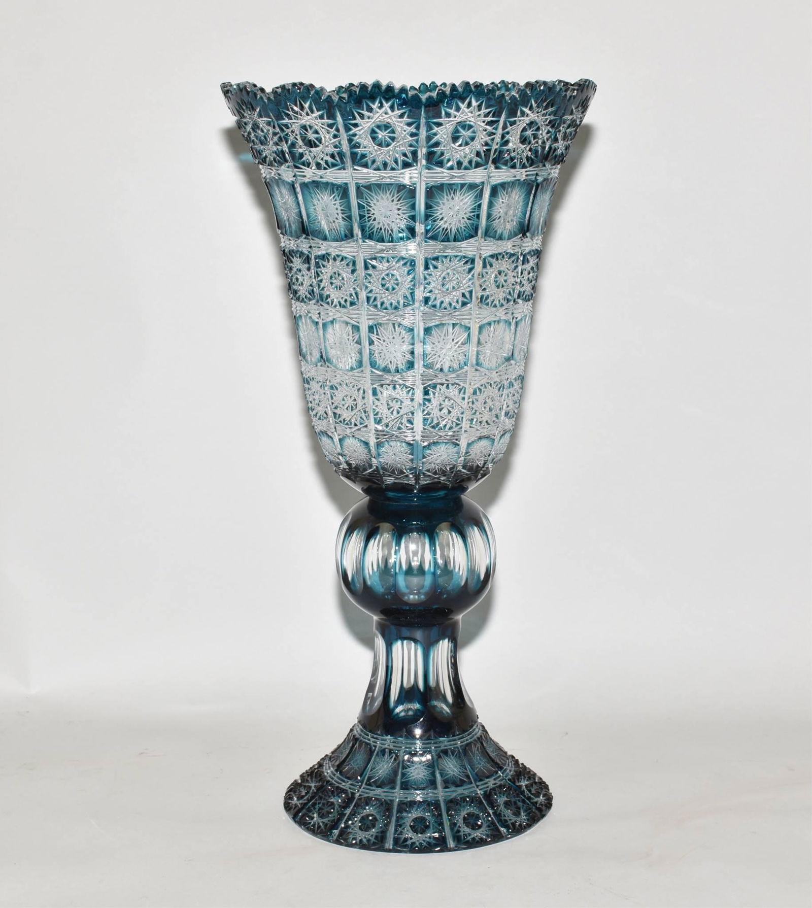 BOHEMIAN CUT CRYSTAL VASE, BLUE OVERLAY (1 of 6)