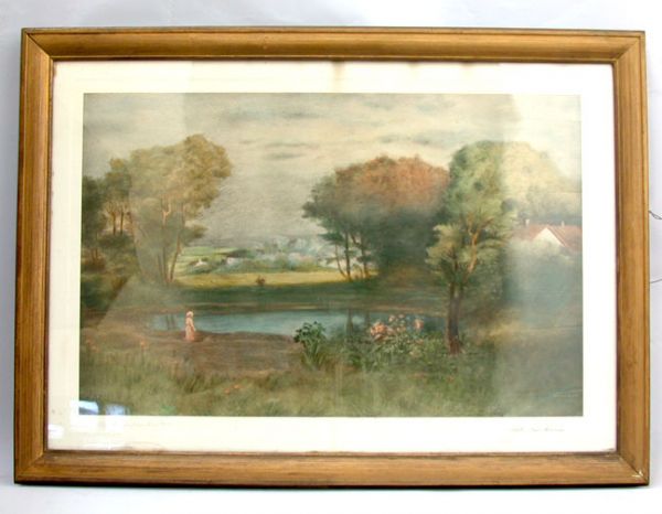GEORGE INNESS POSTER.: GEORGE INNESS POSTER. 19th c. Photomechanical poster. "Landscape Near Mountain." Size framed: 25" h., 35" w. Condition: dirty, buckled.