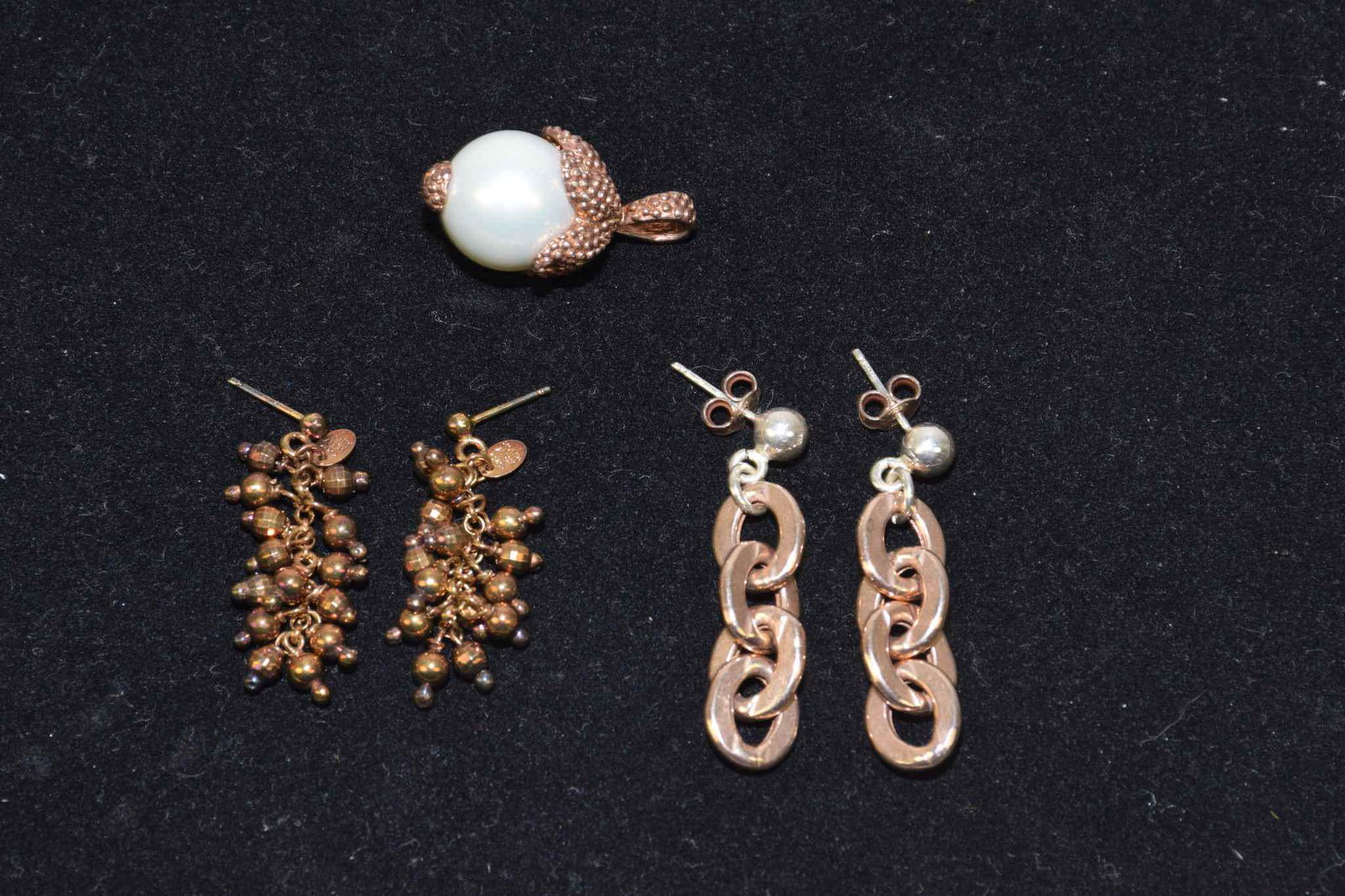 THREE ASSORTED ROSE GOLD 925 VERMEIL JEWELRY . (1 of 4)