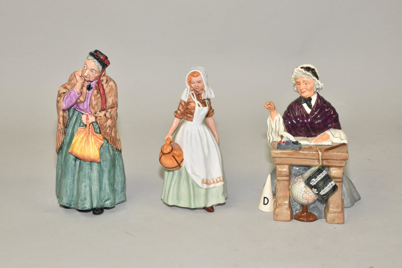 ROYAL DOULTON LADY FIGURINES- Schoolmarm,: ROYAL DOULTON LADY FIGURINES- Schoolmarm, HN 2223, 7" h.; Bridget, HN 1426, 8" h.; The Milkmaid, HN 2057, 7" h.
