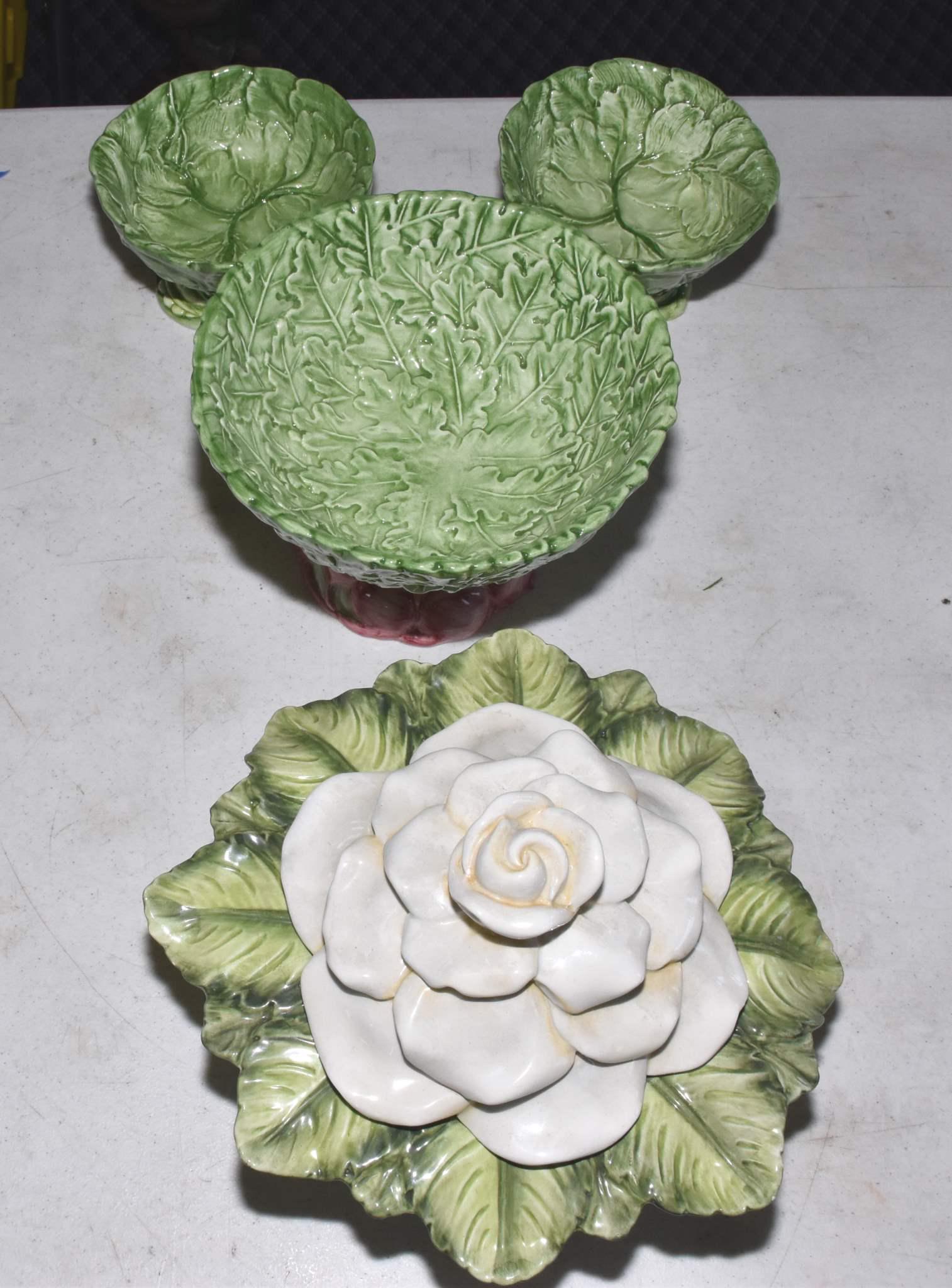 GREEN ITALIAN MAJOLICA FOOTED SERVING PIECES (1 of 4)