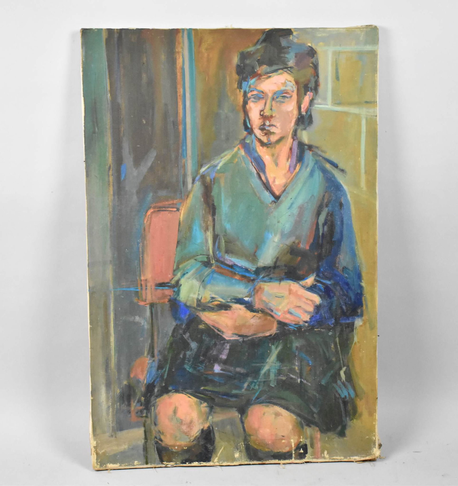 PAINTING -Oil on canvas sketch of a seated: PAINTING -Oil on canvas sketch of a seated Scottish lad wearing a kilt. Unframed. 30" x 20". Unsigned.