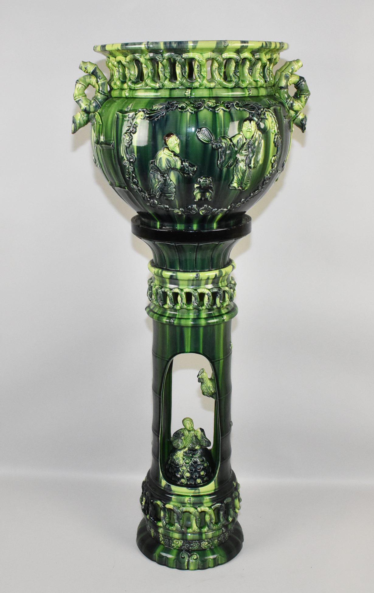 ANTIQUE POTTERY GREEN SLIP GLAZE TWO PIECE JARDINE (1 of 10)