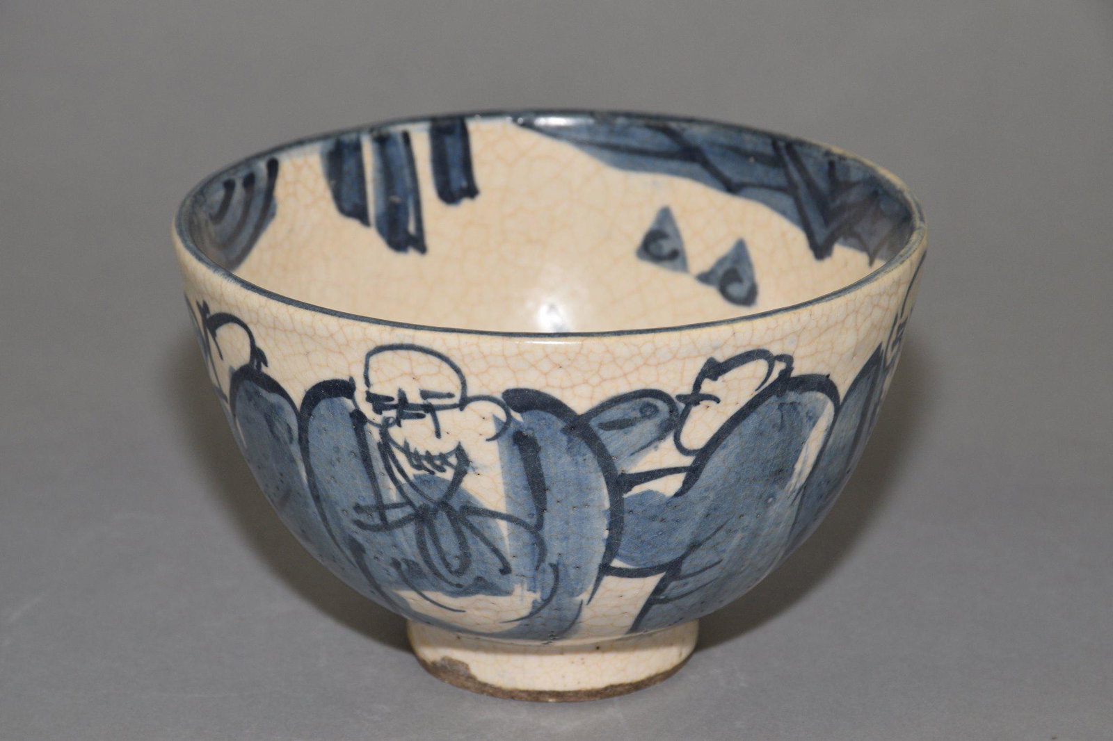 ANTIQUE KOREAN BLUE AND WHITE BOWL WITH CHARACTER: ANTIQUE KOREAN BLUE AND WHITE BOWL WITH CHARACTER MARKS ON BOTTOM. 5" diameter x 3" high.