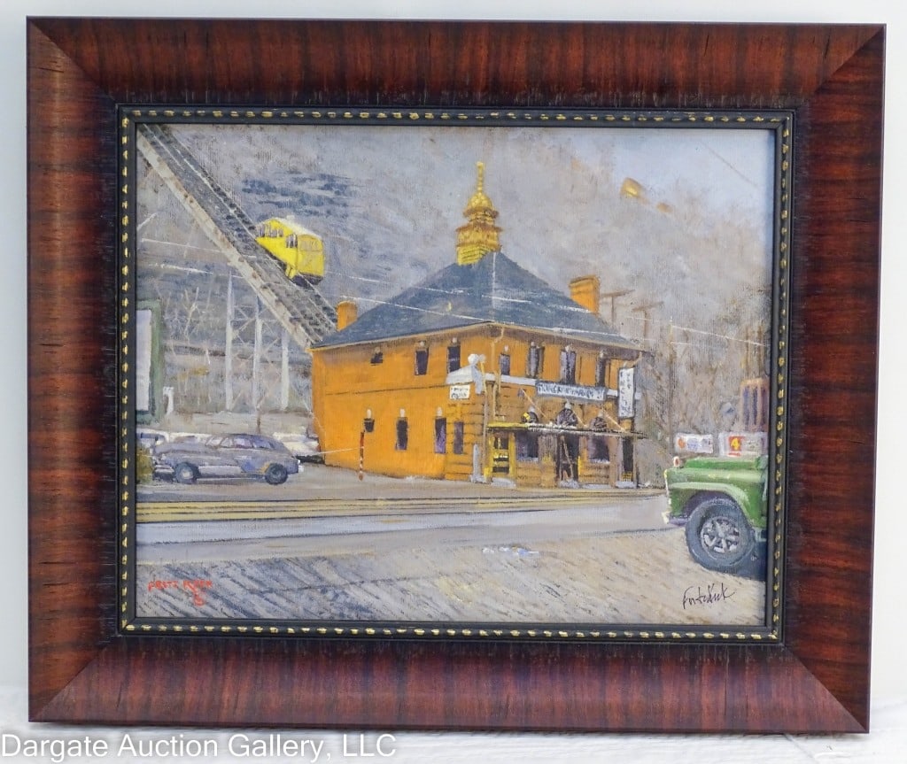 FRITZ KECK GICLEE MONONGAHELA INCLINE 1961: Fritz Keck (American/PA, 20th C) Monongahela Incline 1961 ? Depicts the Monongahela Incline near Station Square on Carson Street. Giclee is on canvas board, in a wood frame. Signed in the print on low