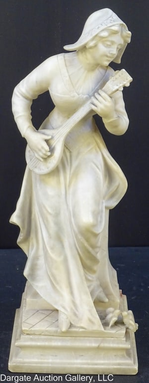 ALABASTER SCULPTURE OF WOMAN WITH MANDOLIN: Alabaster Sculpture of a Woman with a Mandolin - Carved alabaster sculpture of a woman playing a mandolin. Not signed / Measures: 16"H x 6" square base / Condition: Tip of mandolin has been repaired