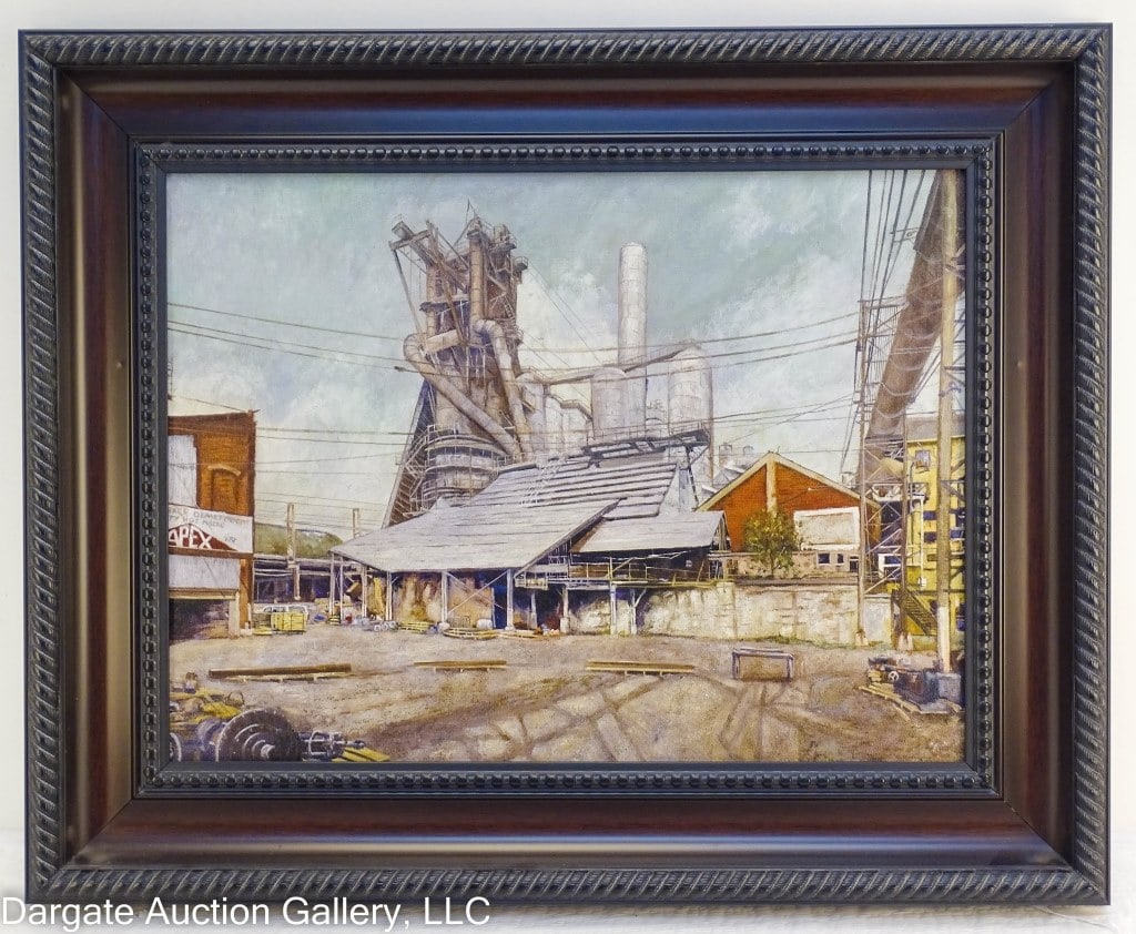FRITZ KECK GICLEE EDGAR THOMPSON WORKS: Fritz Keck (American/PA, 20th C) Edgar Thompson Works Depicting the No 6 blast furnace at the Edgar Thompson Works in Braddock. Giclee is on canvas board, in a wood frame. No visible signature. Fritz 