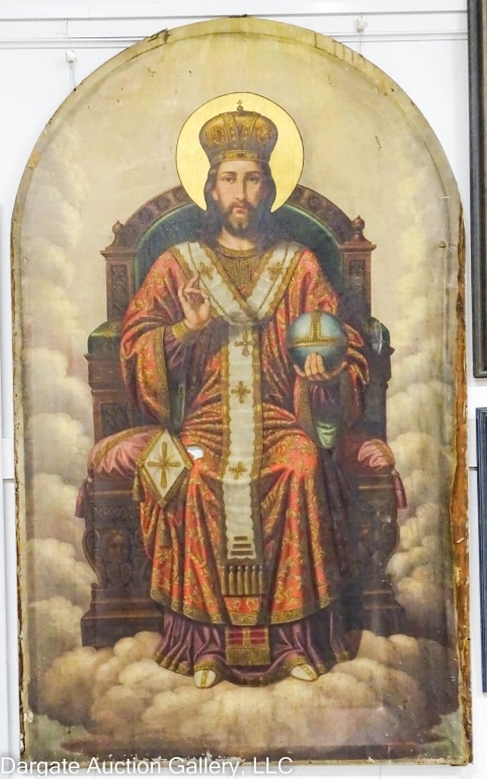 19th C OIL ON CANVAS DEPICTION OF JESUS AS KING: Circa 1870 This life sized oil on canvas depiction of Jesus the King hung in an old church in Brownsville, PA. This painting depicts Jesus, as King, sitting on his throne, with royal robes in purple a