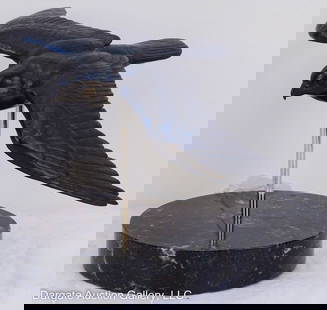 ROBERT BATEMAN PEREGRINE IN FLIGHT BRONZE STATUE: Robert Bateman (Canadian, b. 1930) Peregrine Falcon in Flight bronze statue, on marble base. Falcon sits on a stand, allowing it to move, as if it were in flight. Signed & numbered in the bronze, on t