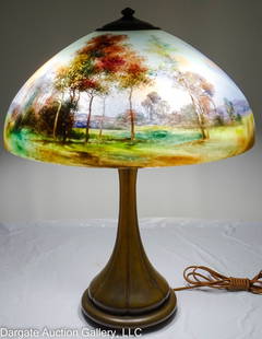 GREAT HANDEL REVERSE PAINTED TABLE LAMP #6937: Great Handel Reverse Painted Table Lamp # 6937 - 18" diameter reverse painted shade, landscape scene with mountains in the bakground and tall trees in the foreground. the sky is lit up in blues and or