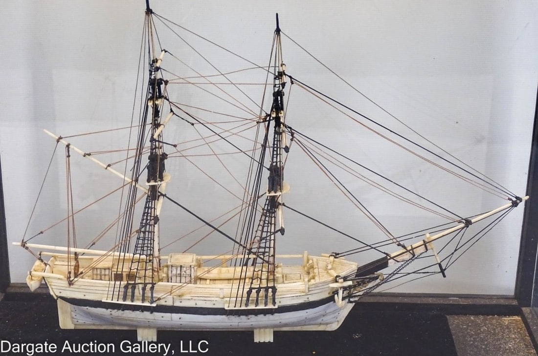 19th C CARVED WHALE BONE MERCHANT SHIP TOPAZ MODEL: Circa 1950s - Carved Whale Bone Merchant Ship "Topaz" Model - The merchant ship Topaz was built in 1807 in Newburyport Mass, owned by Benjamin Pierce and mastered by Moses Knight; The original Topaz h