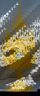 INTERNATIONAL SILVER CO GOTHIC GILT MONSTRANCE: Internaltion Silver Co Gothic Gilt Monstrance - Used to display the sacrament for adoration; Gothic filigree design with 7 silver colored figures: Jesus (top) flanked by angels on either side, Peter (