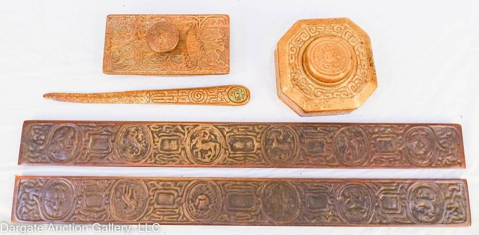 5pc TIFFANY STUDIOS ZODIAC BRONZE DESK SET (1 of 10)