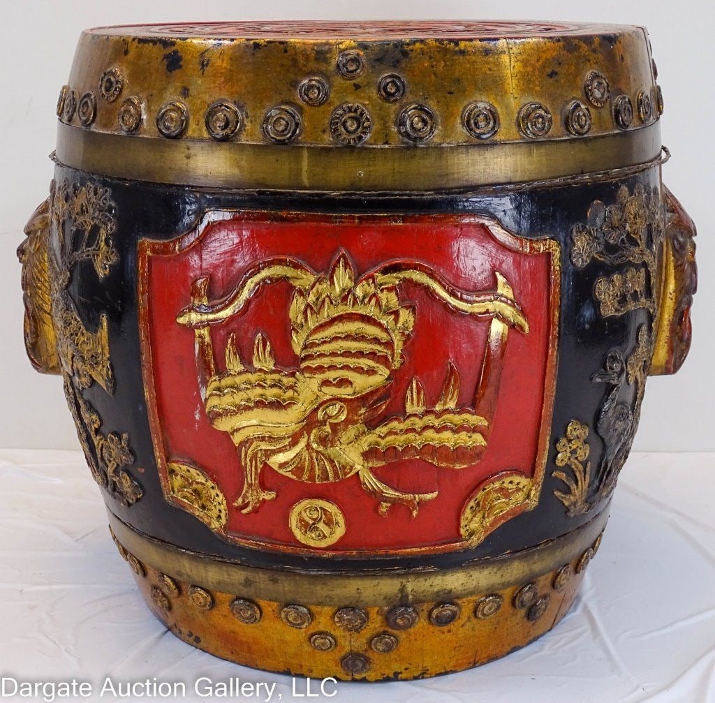 CHINESE LACQUERED WOOD RICE BARREL: Chinese lacqured wood rice barrel - Red, black and gold painted with bird and dragon design / Measures: 14"H x 12.5" diameter