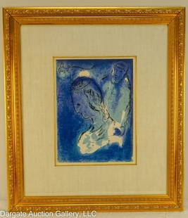 MARC CHAGALL 1956 ABRAHAM ET SARAH COLORED LITHO: Marc Chagall (Russian/French, 1887-1985) from the Bible Series, Colored Lithograph ?Abraham et Sarah?; Set under glass in gilt wood frame. / Visible Art Size: 13.75"H x 10.25"W / Frame Size: 27.25"H x
